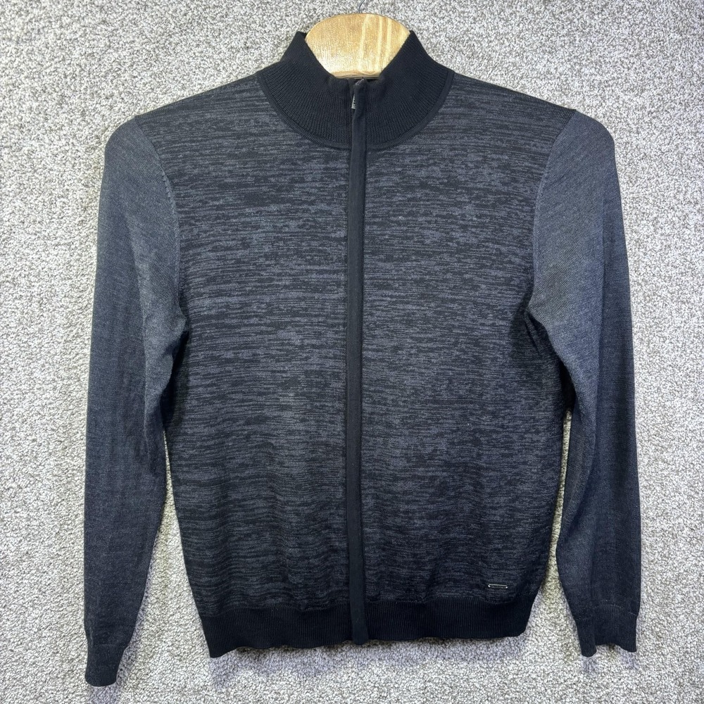 Calvin Klein Sweater Mens Large Gray Merino Wool Full Zip Mock‎ Neck Knit Casual